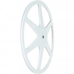 A white, circular, plastic wheel with five spokes, viewed at an angle against a plain white background.