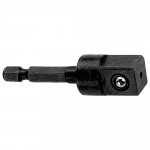 A close-up of a black hex shank drill bit adapter with a metal set screw, used for connecting sockets to power drills or drivers.