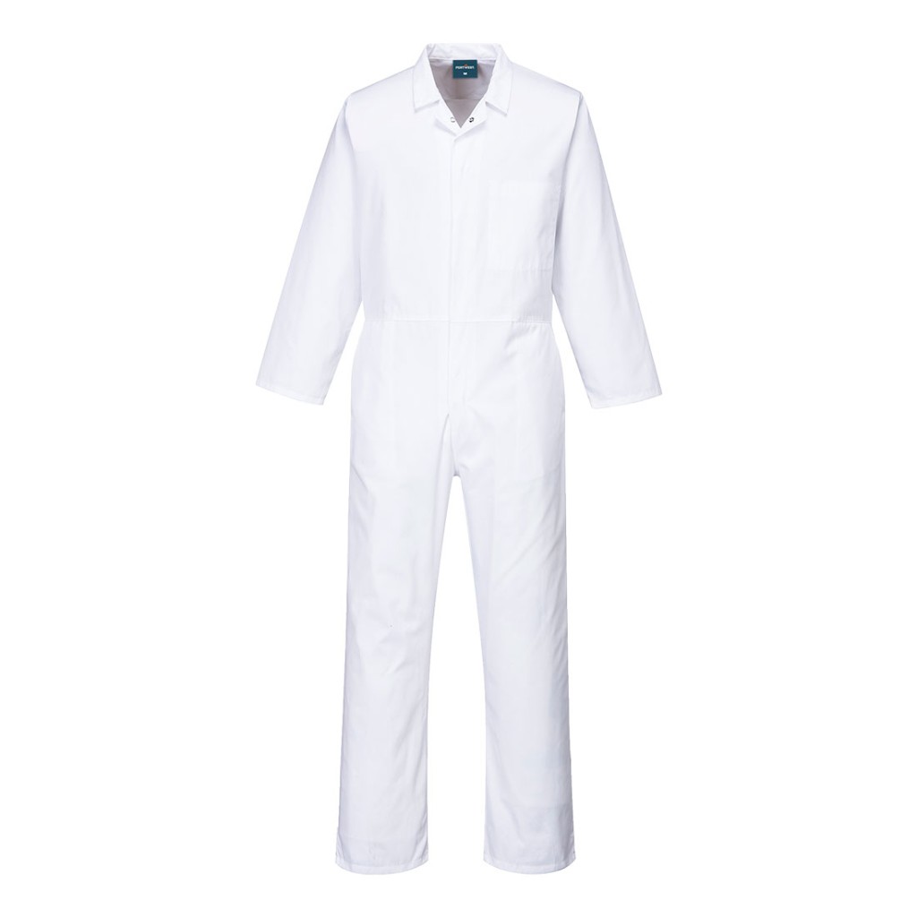 A white coverall designed for use on construction sites and in industrial work environments.,