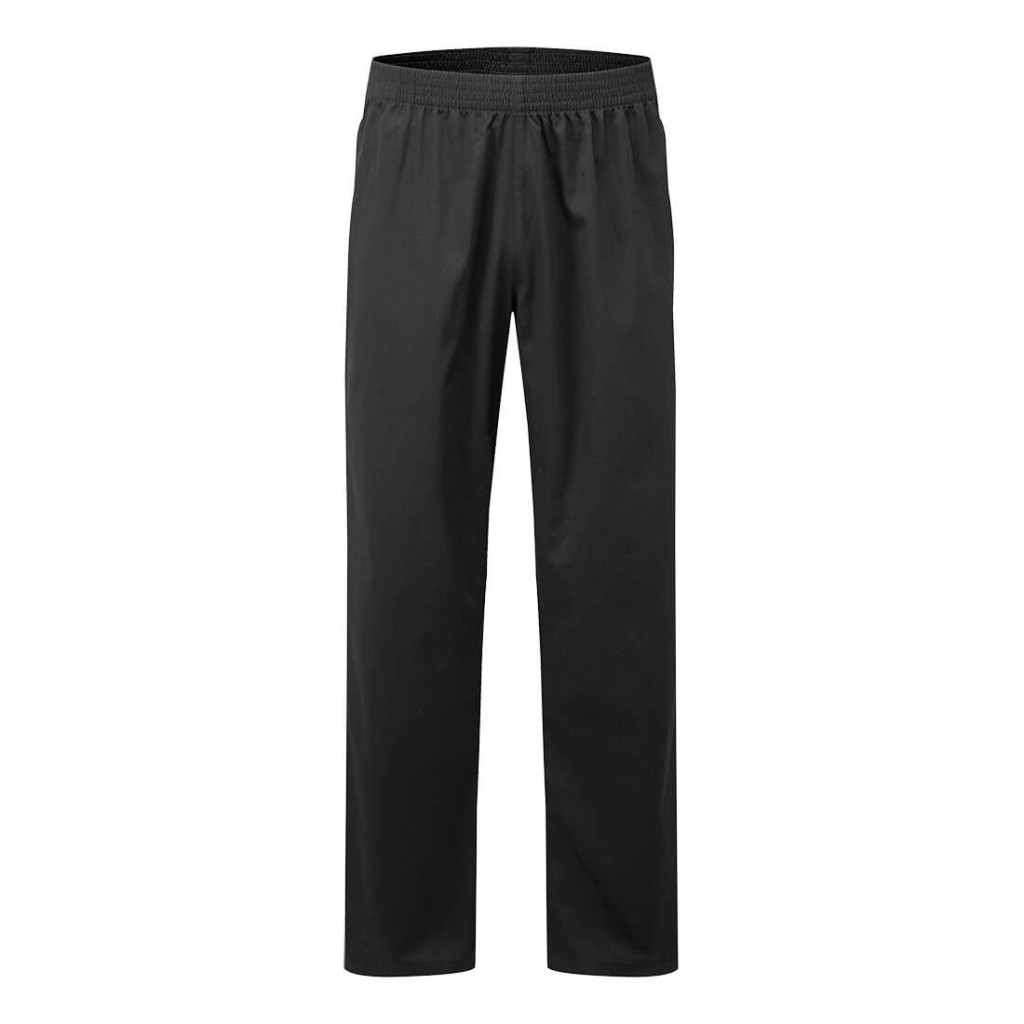 A pair of black work trousers designed for use on construction sites and in industrial work environments.,