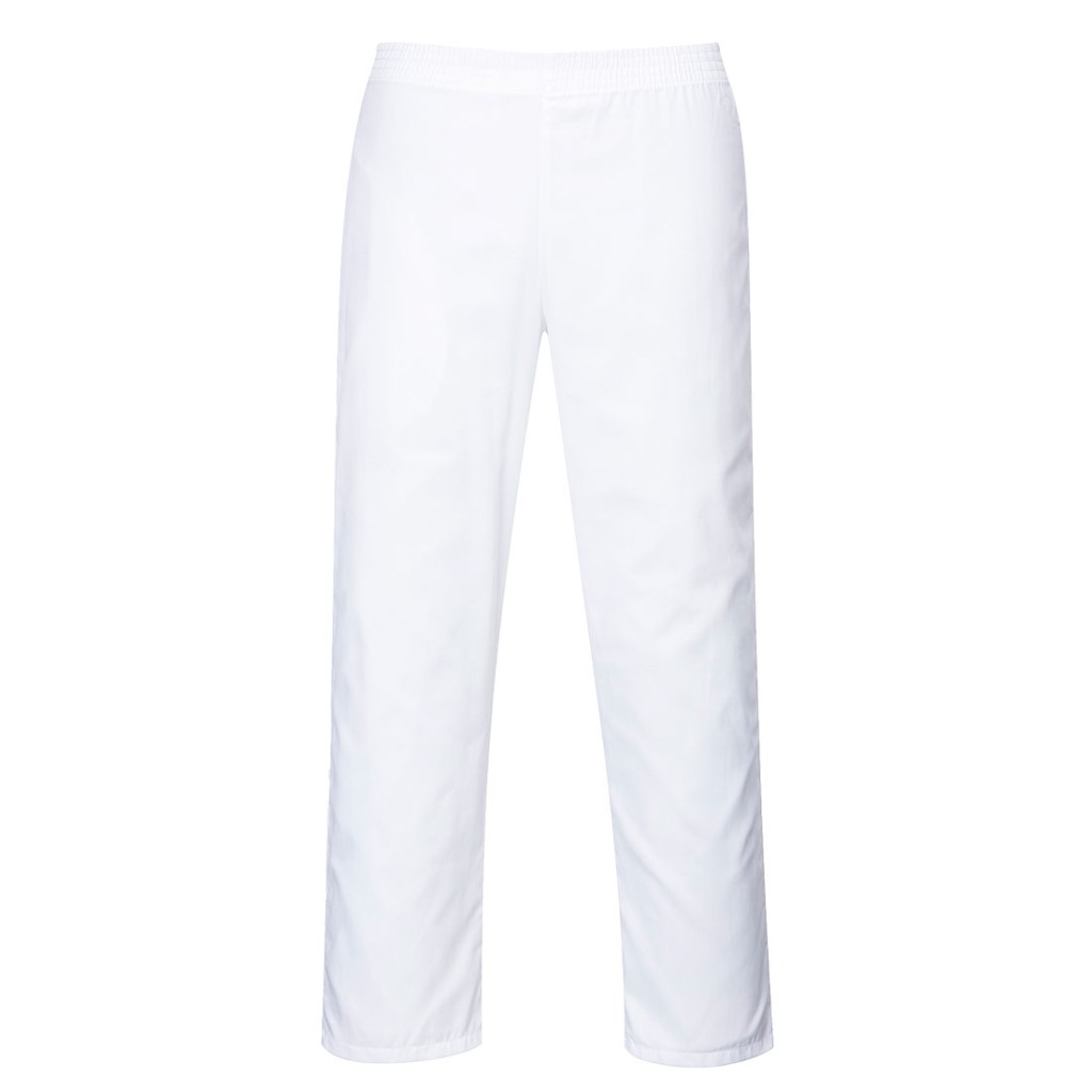 A pair of white work trousers designed for use on construction sites and in industrial work environments.,
