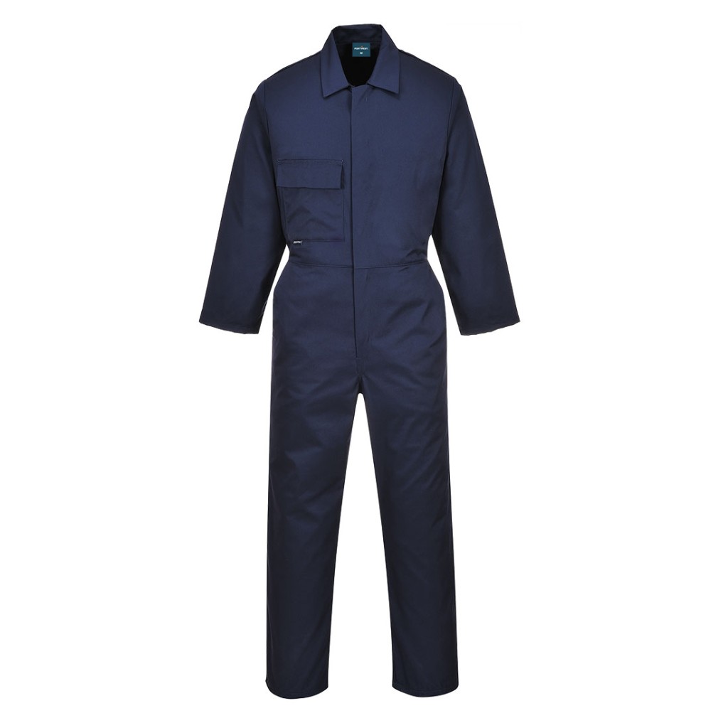 A navy blue coverall designed for use on construction sites and in industrial work environments.,