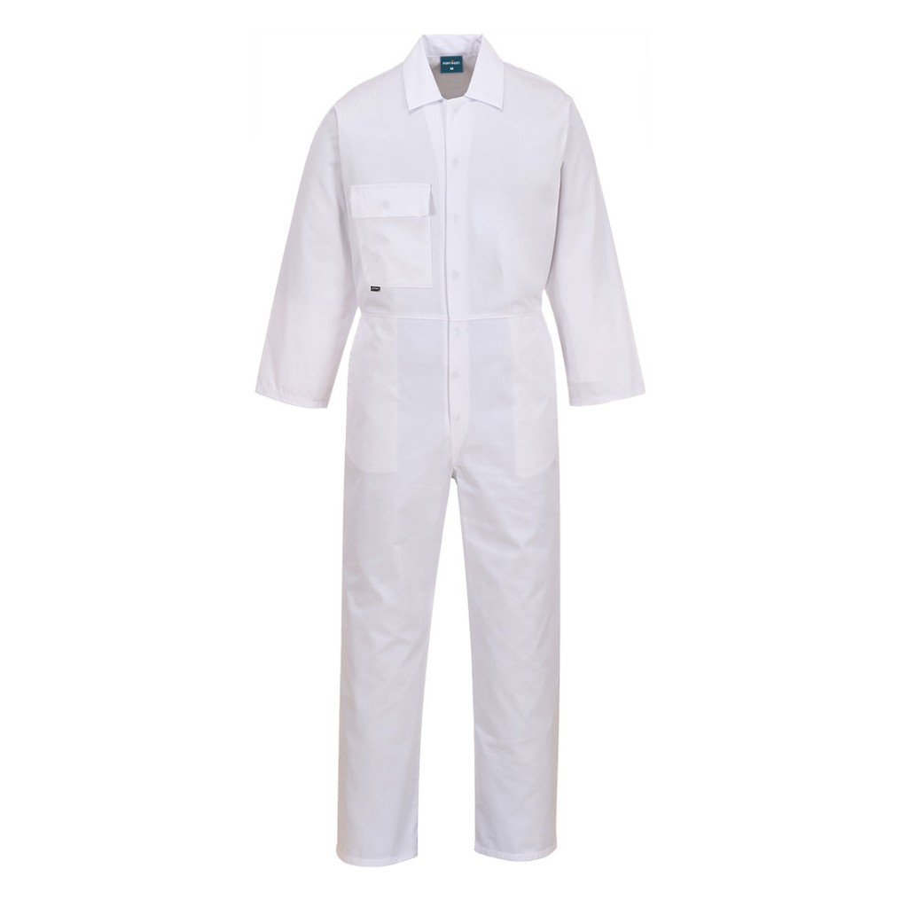 A white coverall designed for use on construction sites and in industrial work environments.,