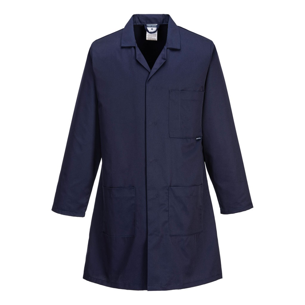A navy blue jacket designed for use on construction sites and in industrial work environments.,