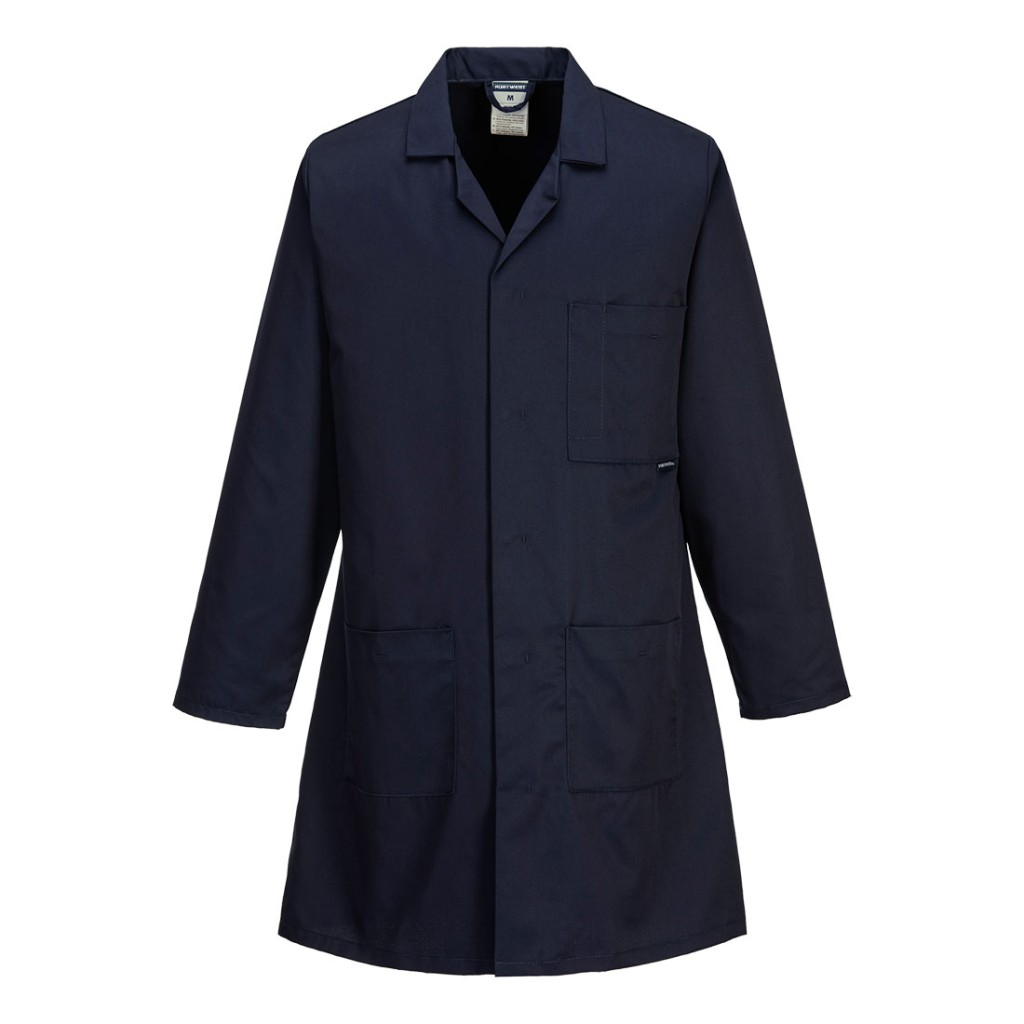 A navy blue jacket designed for use on construction sites and in industrial work environments.,