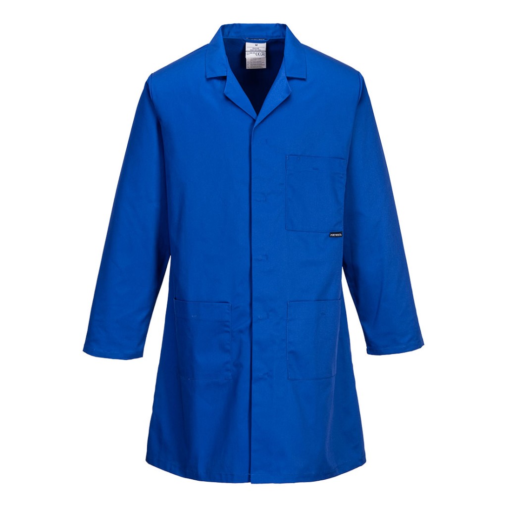 A blue jacket designed for use on construction sites and in industrial work environments.,