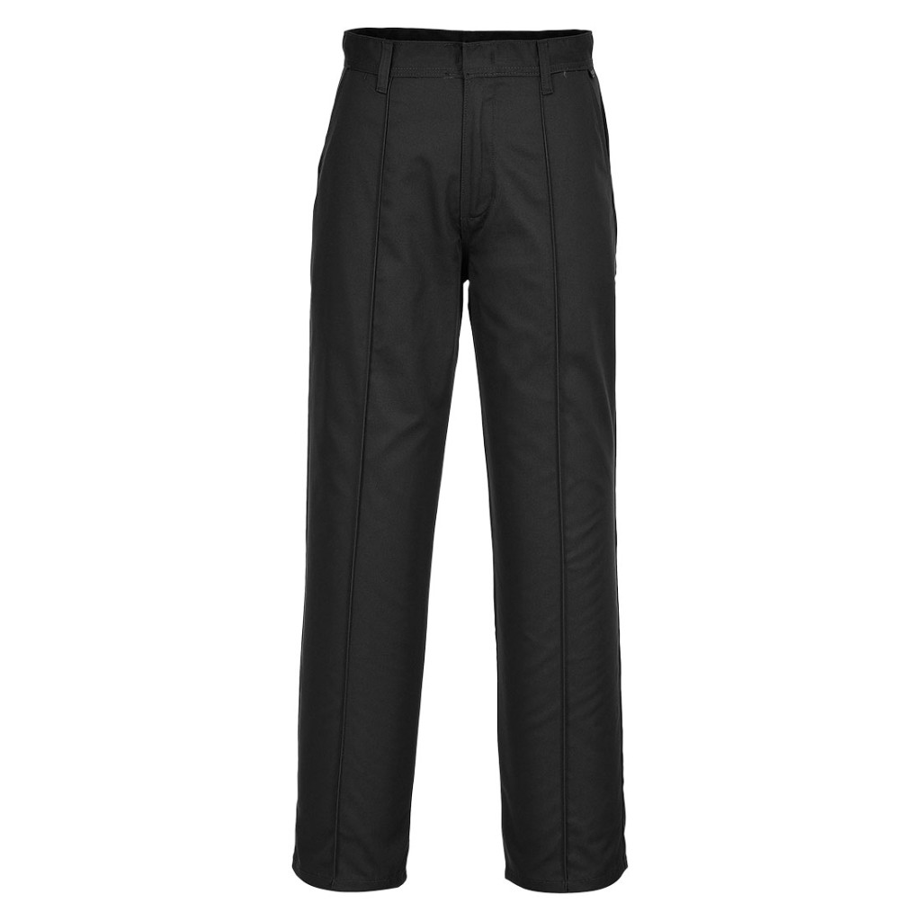 A pair of black work trousers designed for use on construction sites and in industrial work environments.,