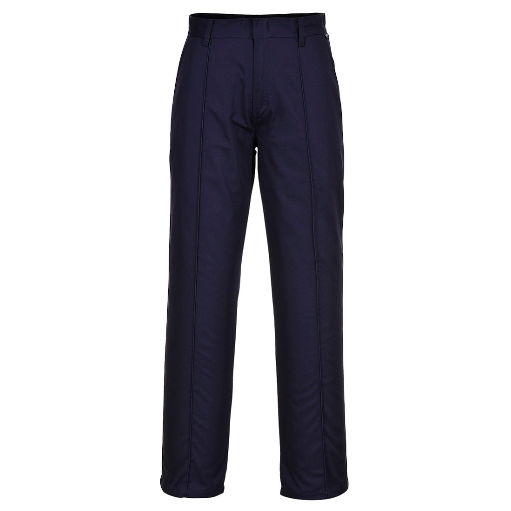 A pair of navy blue work trousers designed for use on construction sites and in industrial work environments.,