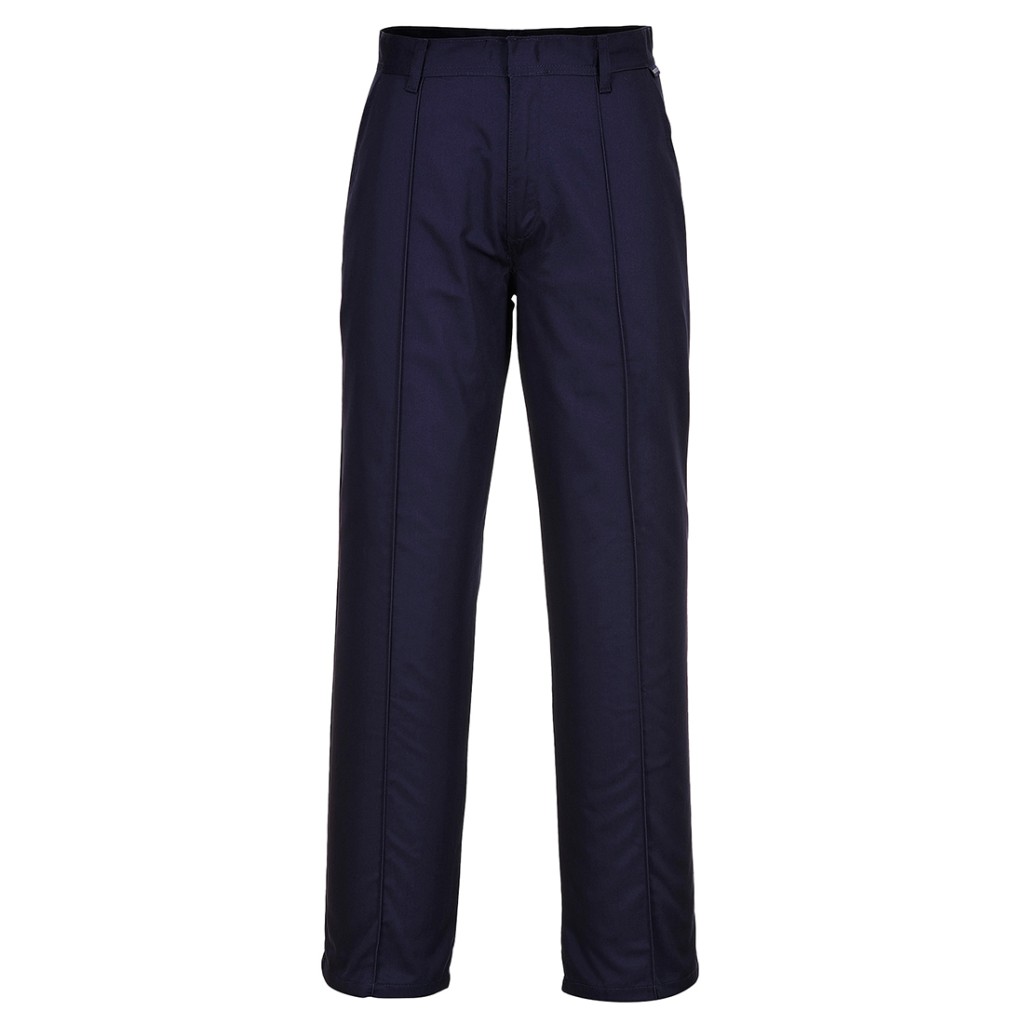 A pair of navy blue work trousers designed for use on construction sites and in industrial work environments.,