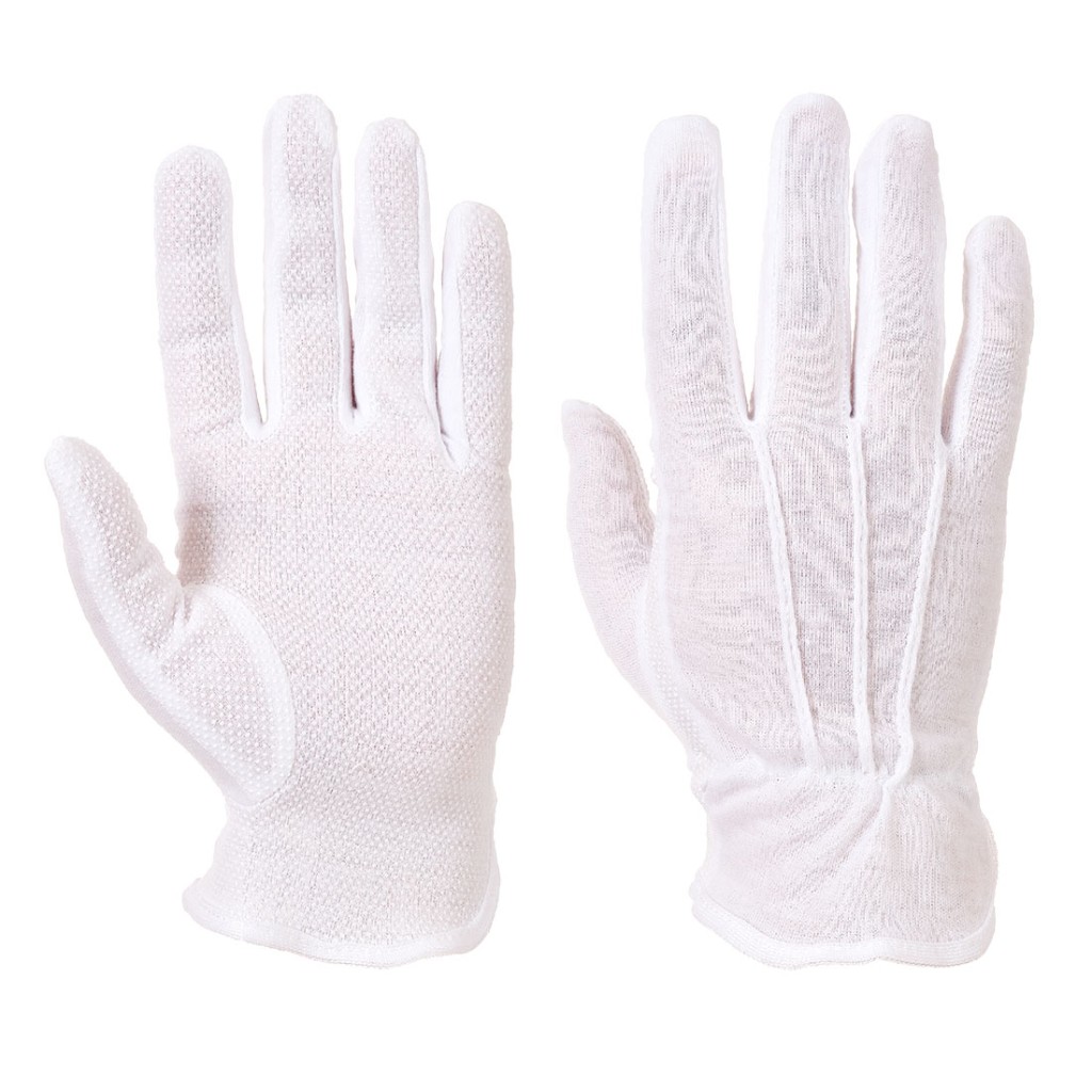 A pair of white work gloves with a textured grip palm and adjustable wrist closure, designed for general site use.