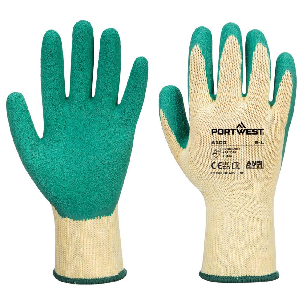 A pair of green disposable nitrile gloves with a textured fingertip for grip, offering protection against chemicals and contaminants.