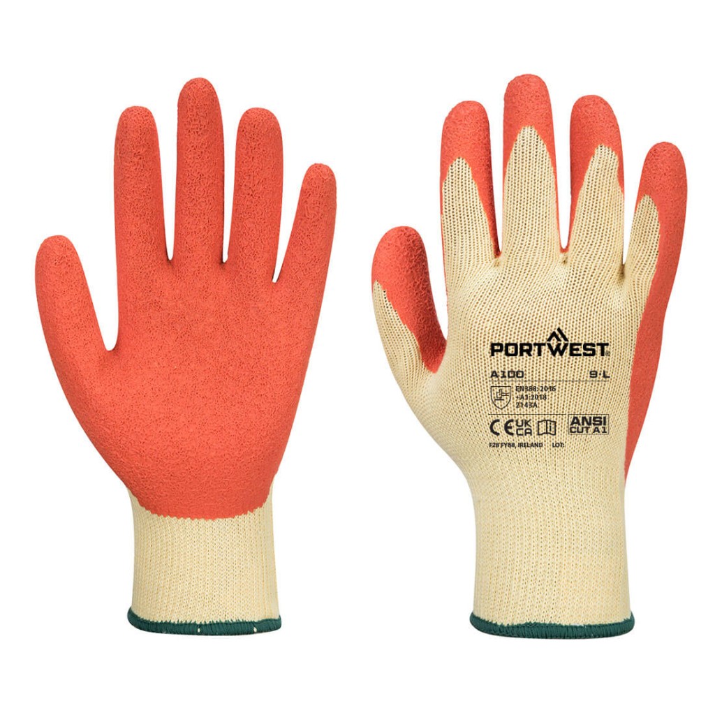 A pair of orange disposable nitrile gloves with a textured fingertip for grip, offering protection against chemicals and contaminants.