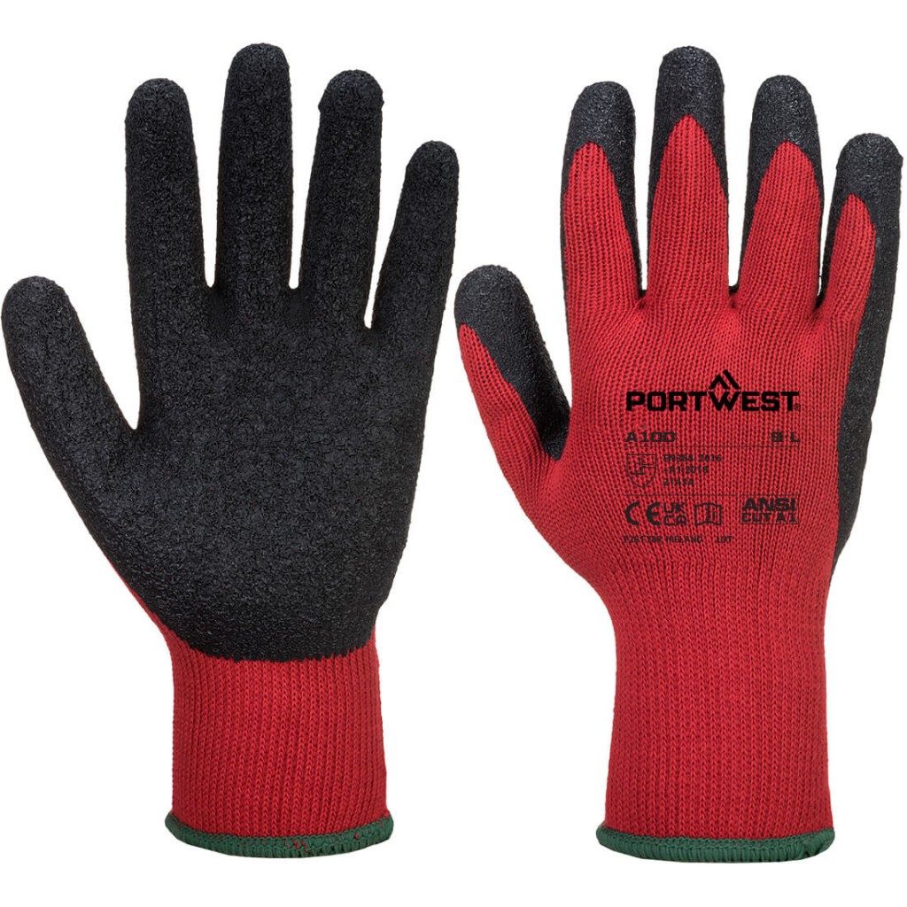 A pair of red disposable nitrile gloves with a textured fingertip for grip, offering protection against chemicals and contaminants.