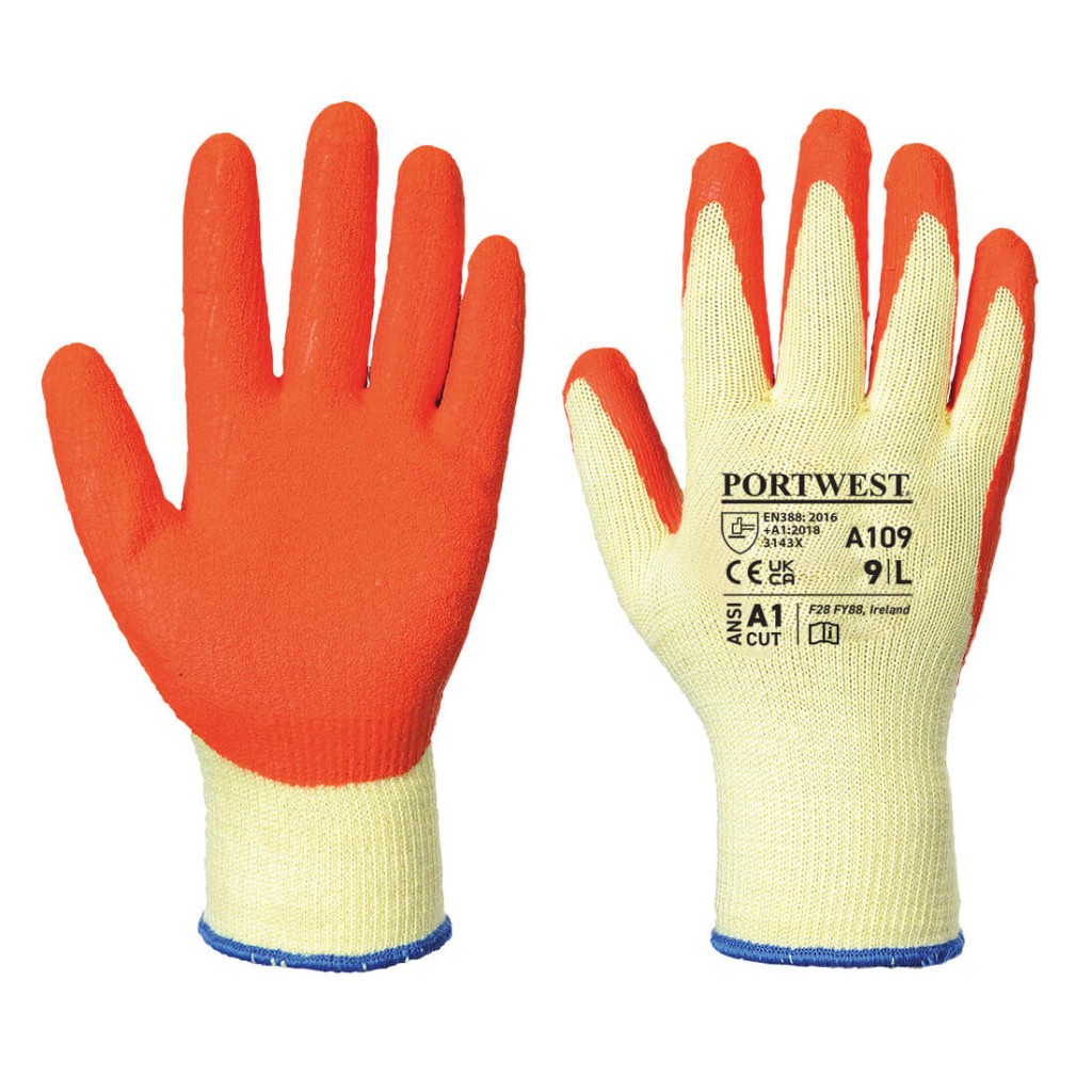 A pair of orange disposable nitrile gloves with a textured fingertip for grip, offering protection against chemicals and contaminants.