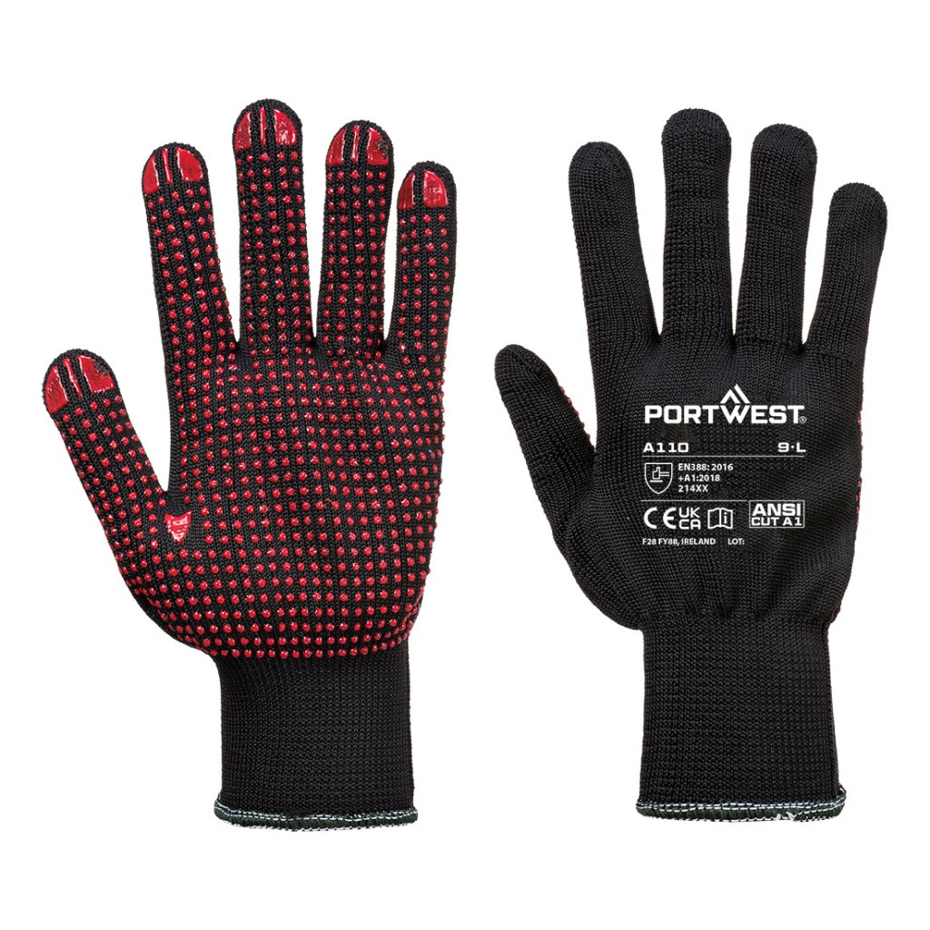 A pair of black work gloves with a textured grip palm and adjustable wrist closure, designed for general site use.