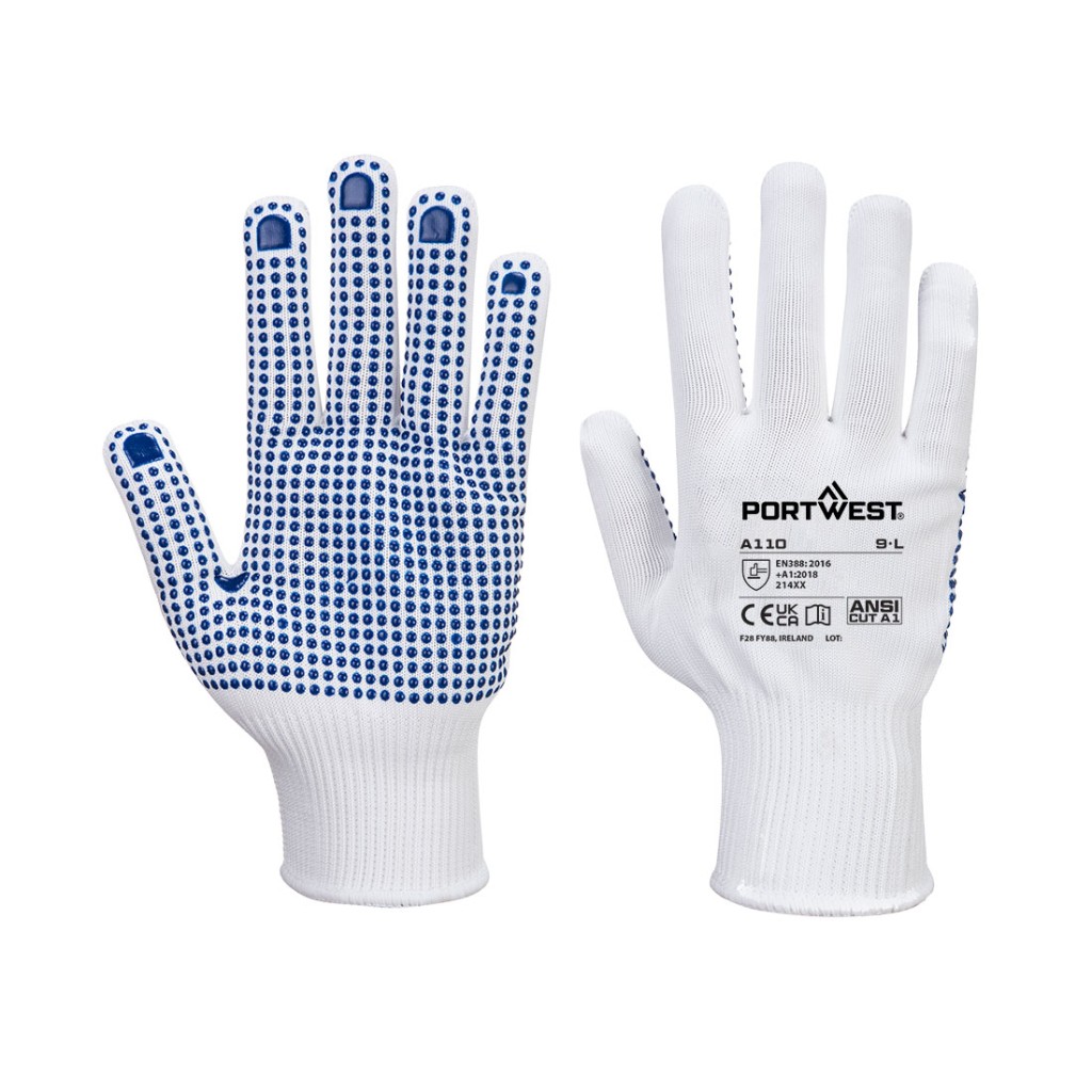 A pair of black work gloves with a textured grip palm and adjustable wrist closure, designed for general site use.