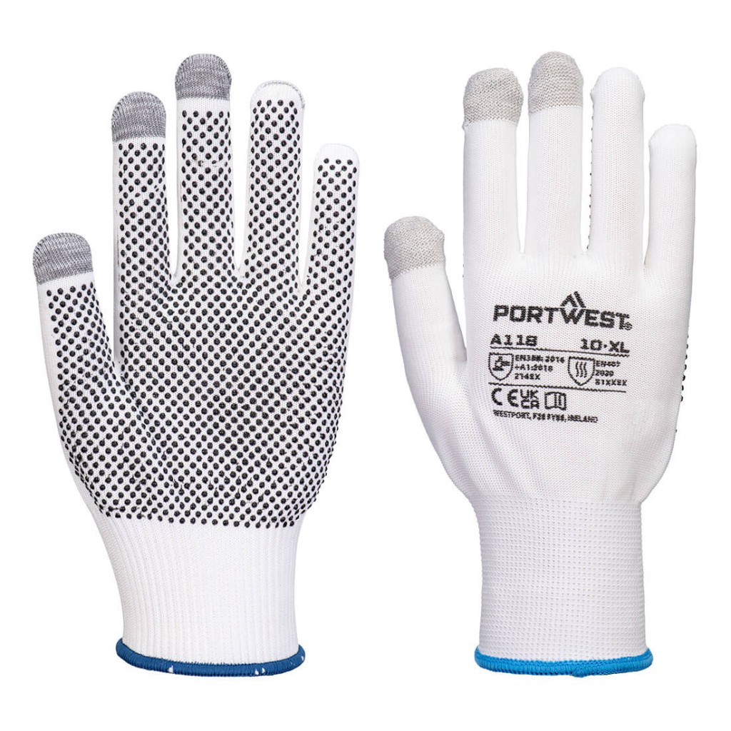 A pair of white work gloves with a textured grip palm and adjustable wrist closure, designed for general site use.