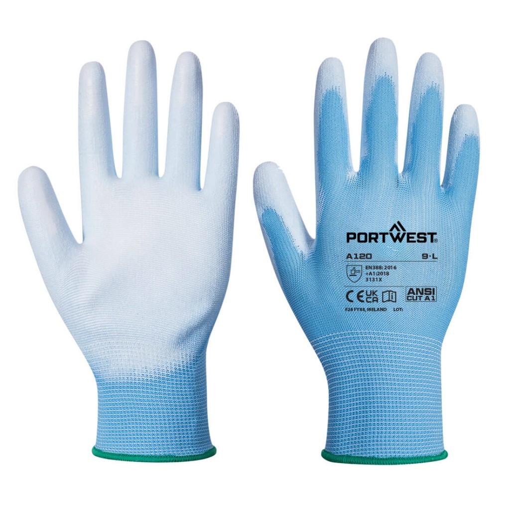 A pair of blue work gloves with a textured grip palm and adjustable wrist closure, designed for general site use.