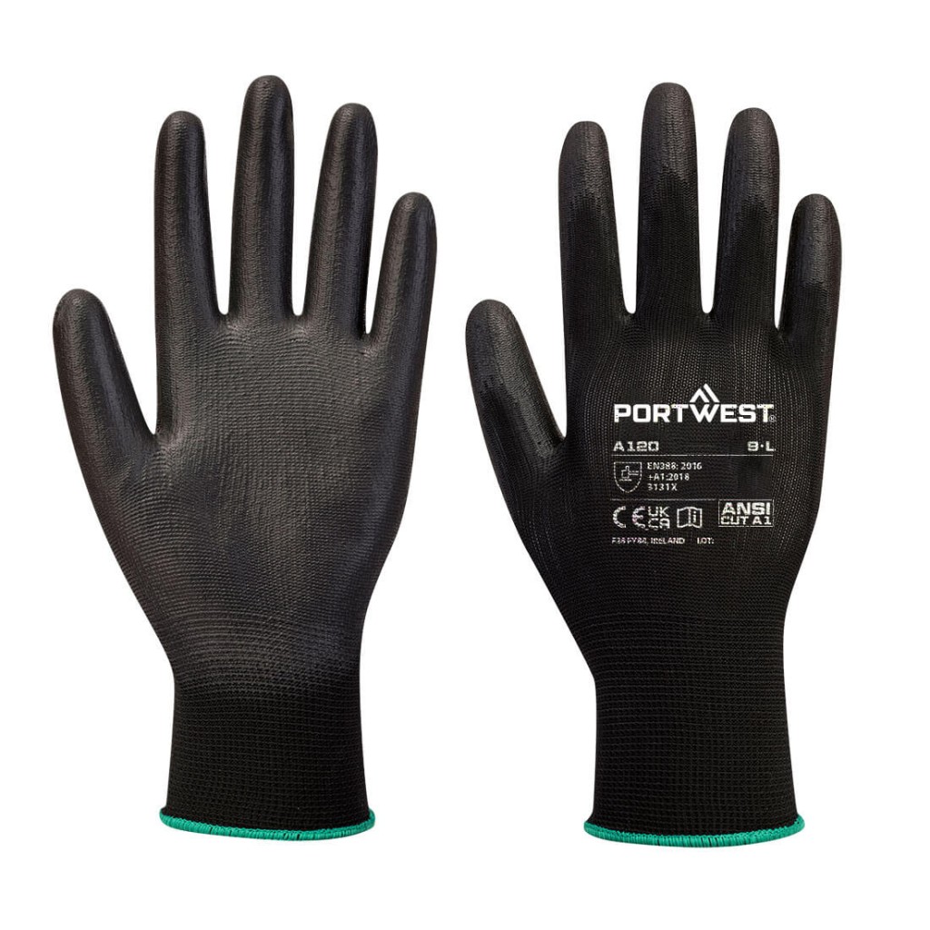 A pair of black work gloves with a textured grip palm and adjustable wrist closure, designed for general site use.