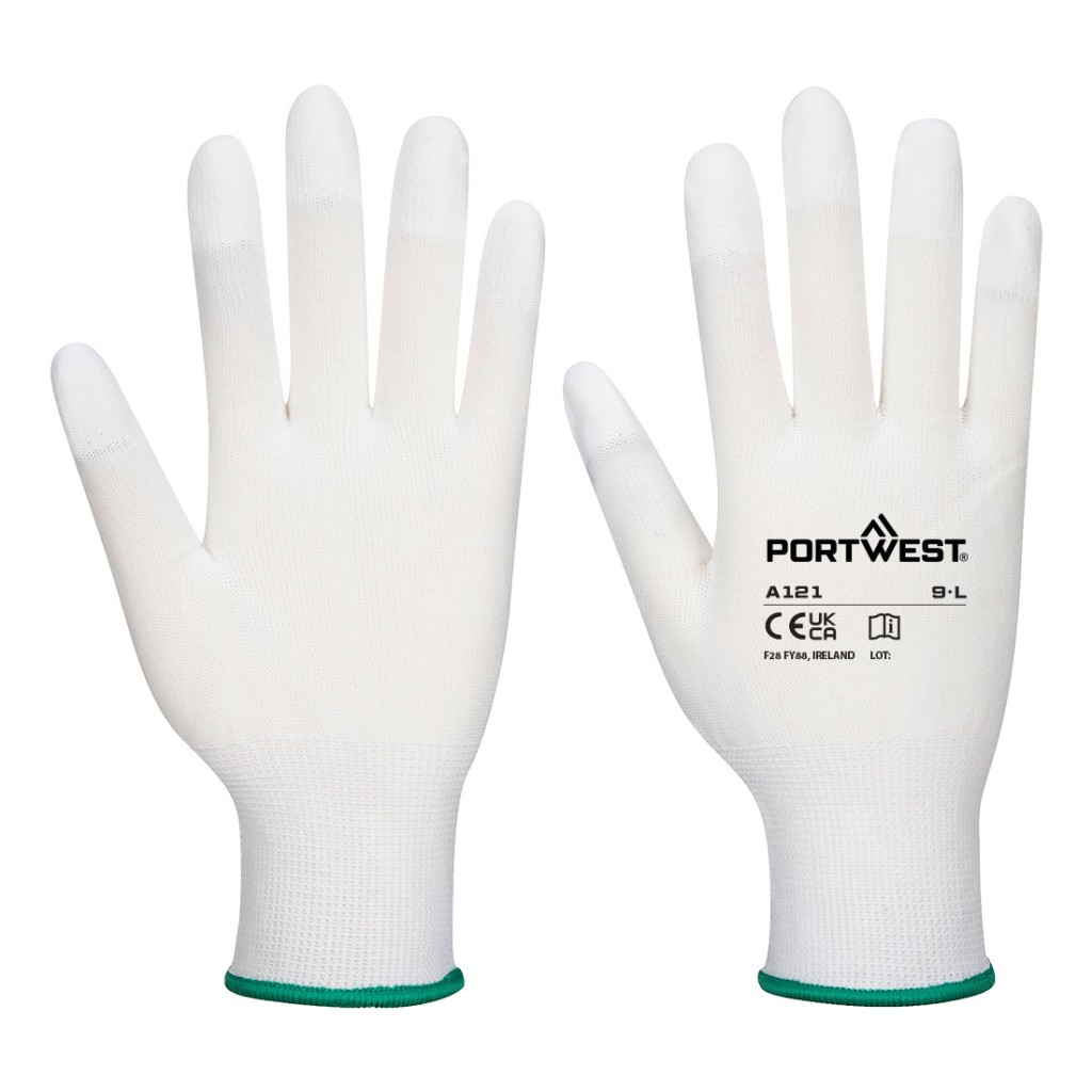 A pair of white work gloves with a textured grip palm and adjustable wrist closure, designed for general site use.
