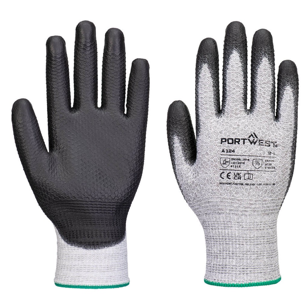 A pair of grey work gloves with a textured grip palm and adjustable wrist closure, designed for general site use.