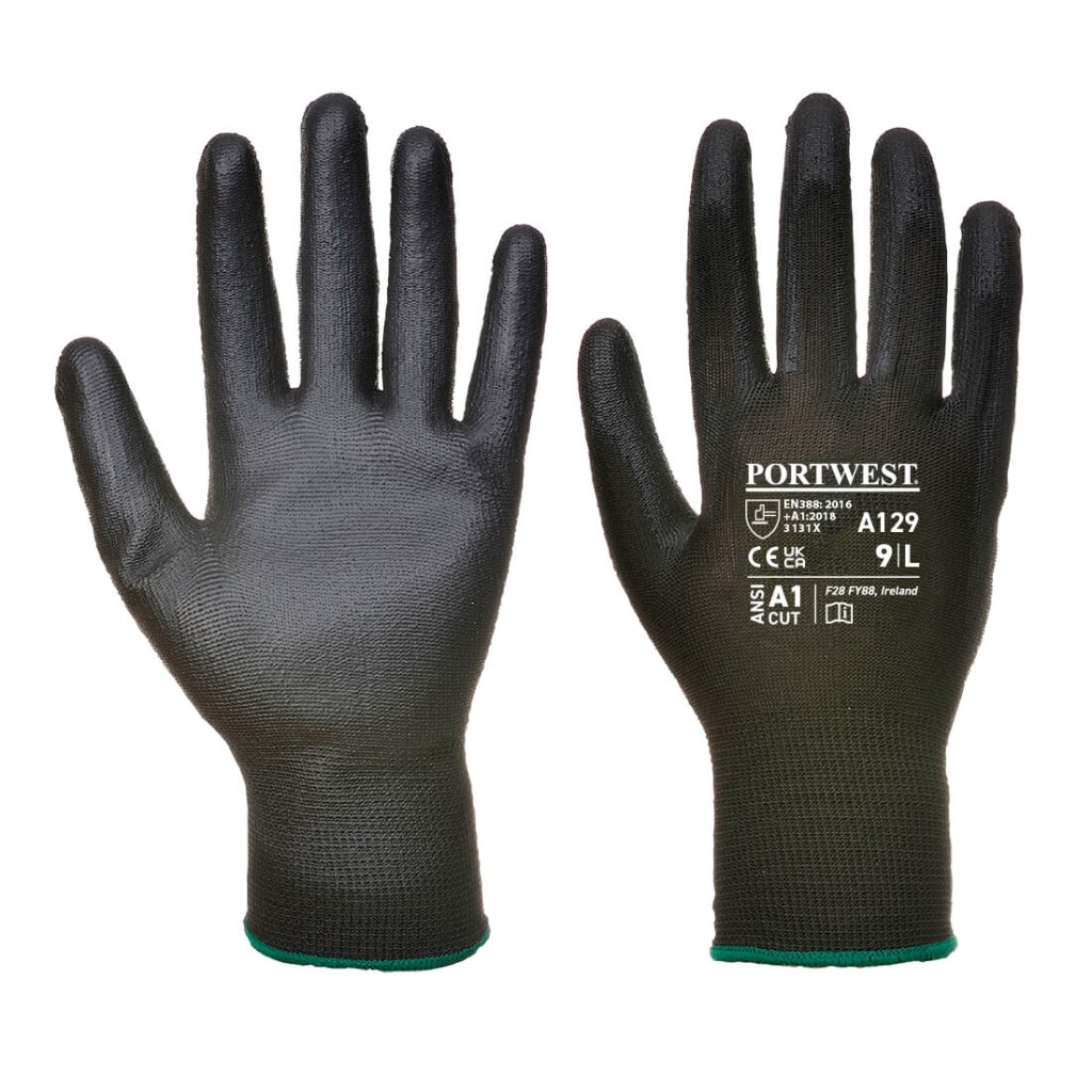 A pair of black work gloves with a textured grip palm and adjustable wrist closure, designed for general site use.