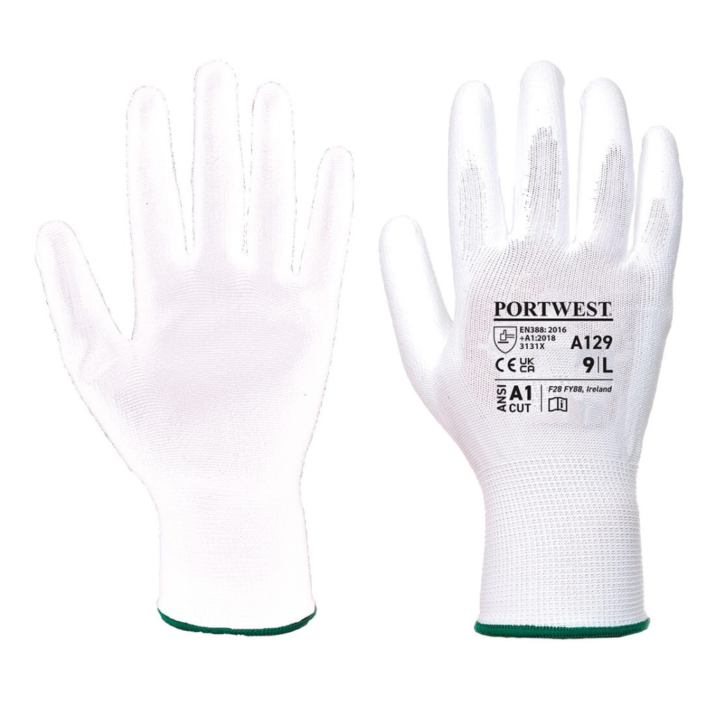 A pair of white work gloves with a textured grip palm and adjustable wrist closure, designed for general site use.