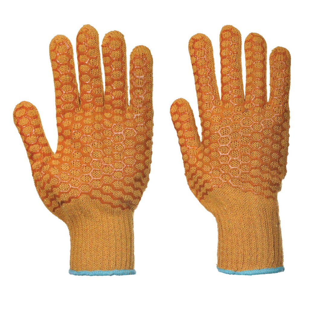 A pair of orange work gloves with a textured grip palm and adjustable wrist closure, designed for general site use.