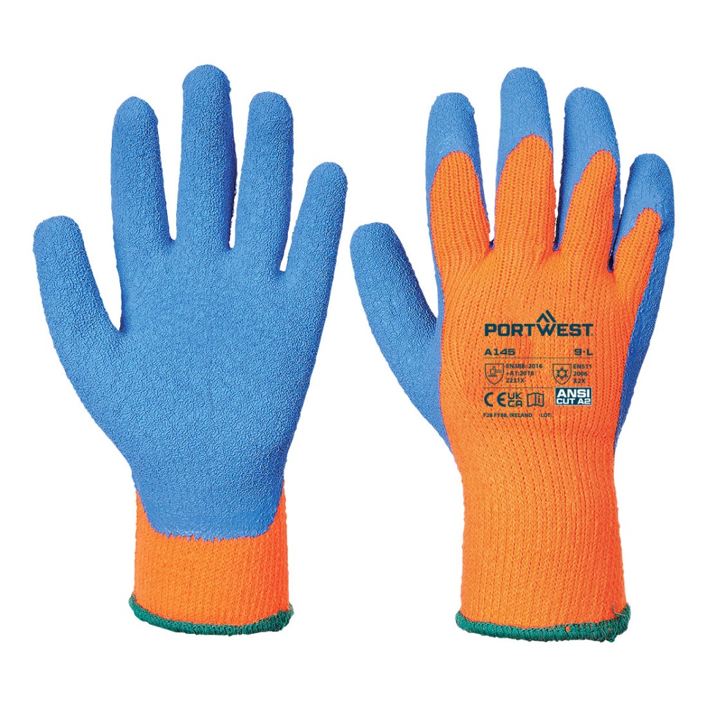 A pair of orange disposable nitrile gloves with a textured fingertip for grip, offering protection against chemicals and contaminants.