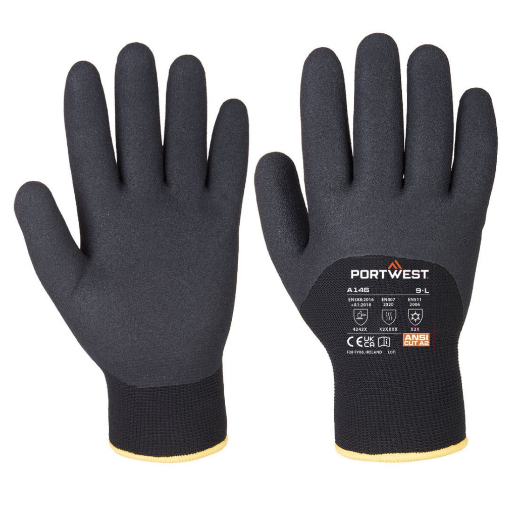 A pair of black disposable nitrile gloves with a textured fingertip for grip, offering protection against chemicals and contaminants.