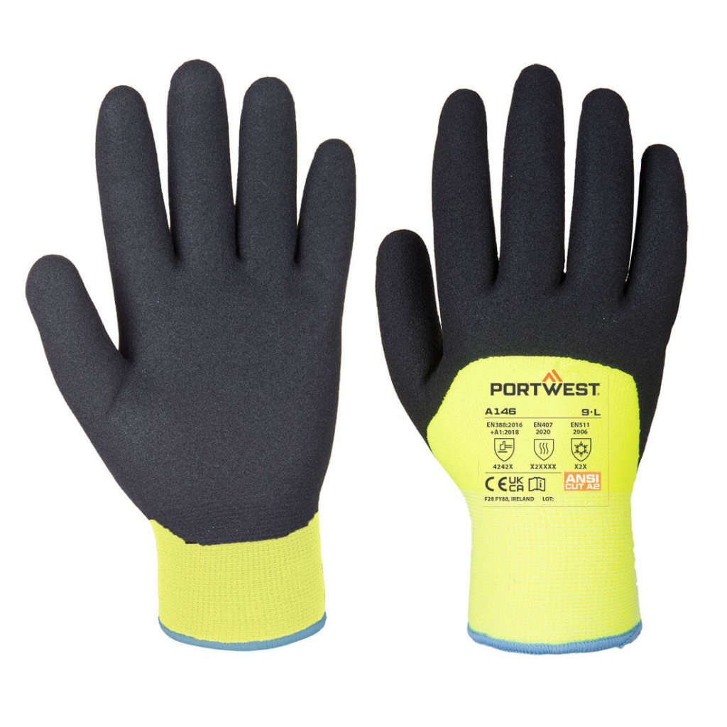 A pair of yellow disposable nitrile gloves with a textured fingertip for grip, offering protection against chemicals and contaminants.
