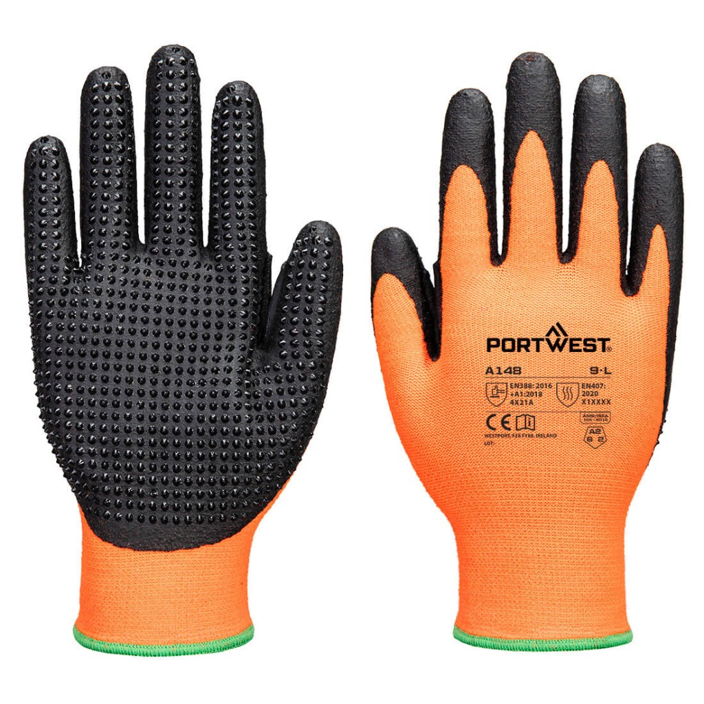 A pair of orange disposable nitrile gloves with a textured fingertip for grip, offering protection against chemicals and contaminants.