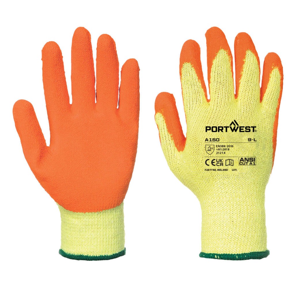A pair of orange disposable nitrile gloves with a textured fingertip for grip, offering protection against chemicals and contaminants.