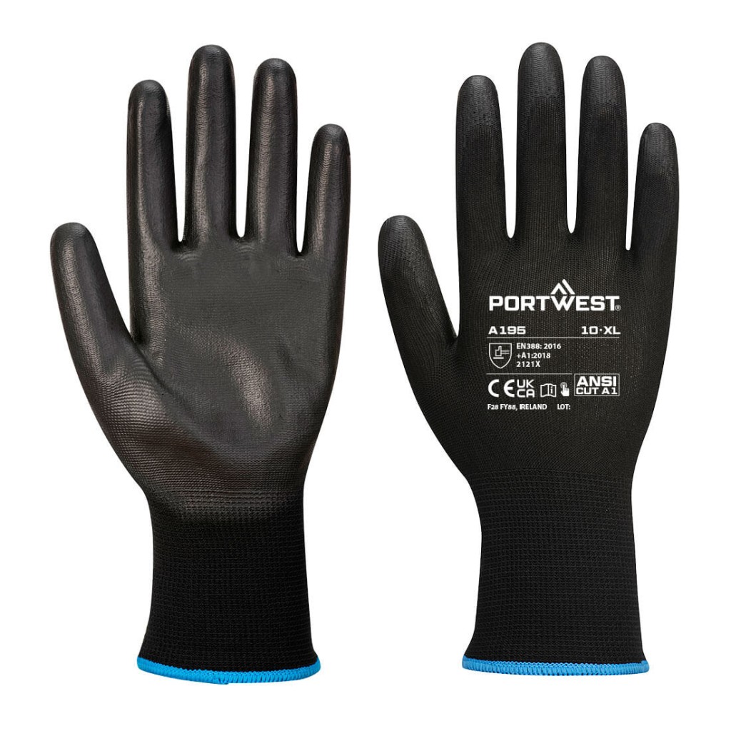 A pair of black work gloves with a textured grip palm and adjustable wrist closure, designed for general site use.