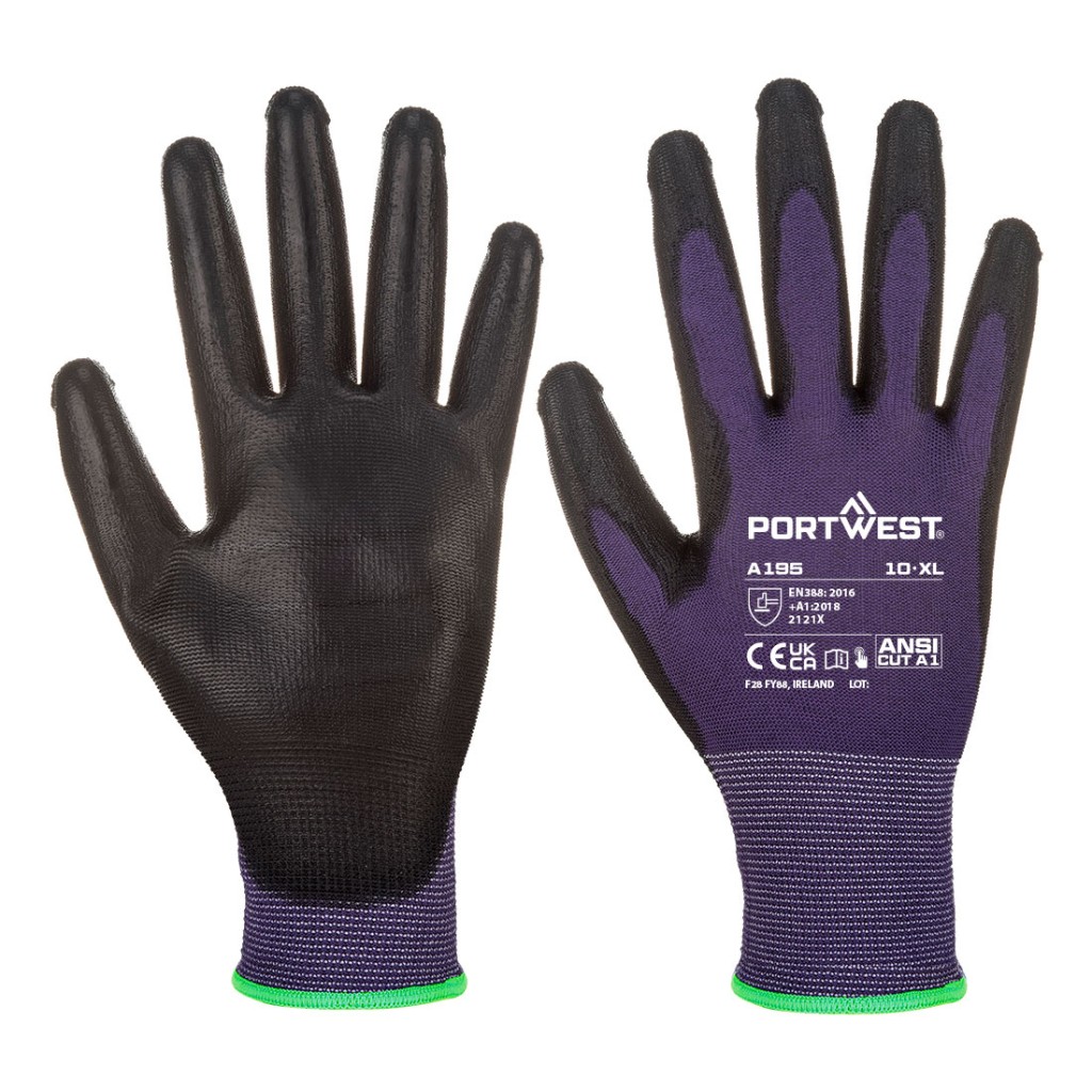 A pair of black work gloves with a textured grip palm and adjustable wrist closure, designed for general site use.