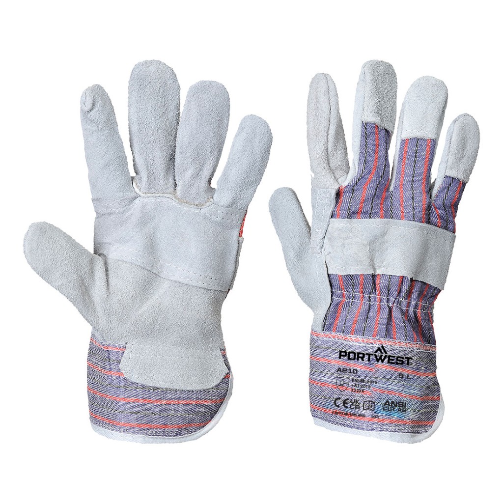 A pair of grey leather work gloves with a reinforced palm and adjustable wrist strap, offering durable hand protection.