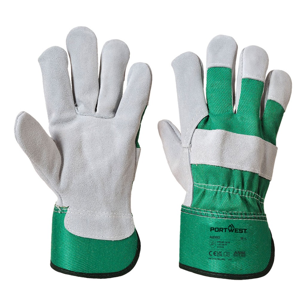 A pair of green leather work gloves with a reinforced palm and adjustable wrist strap, offering durable hand protection.