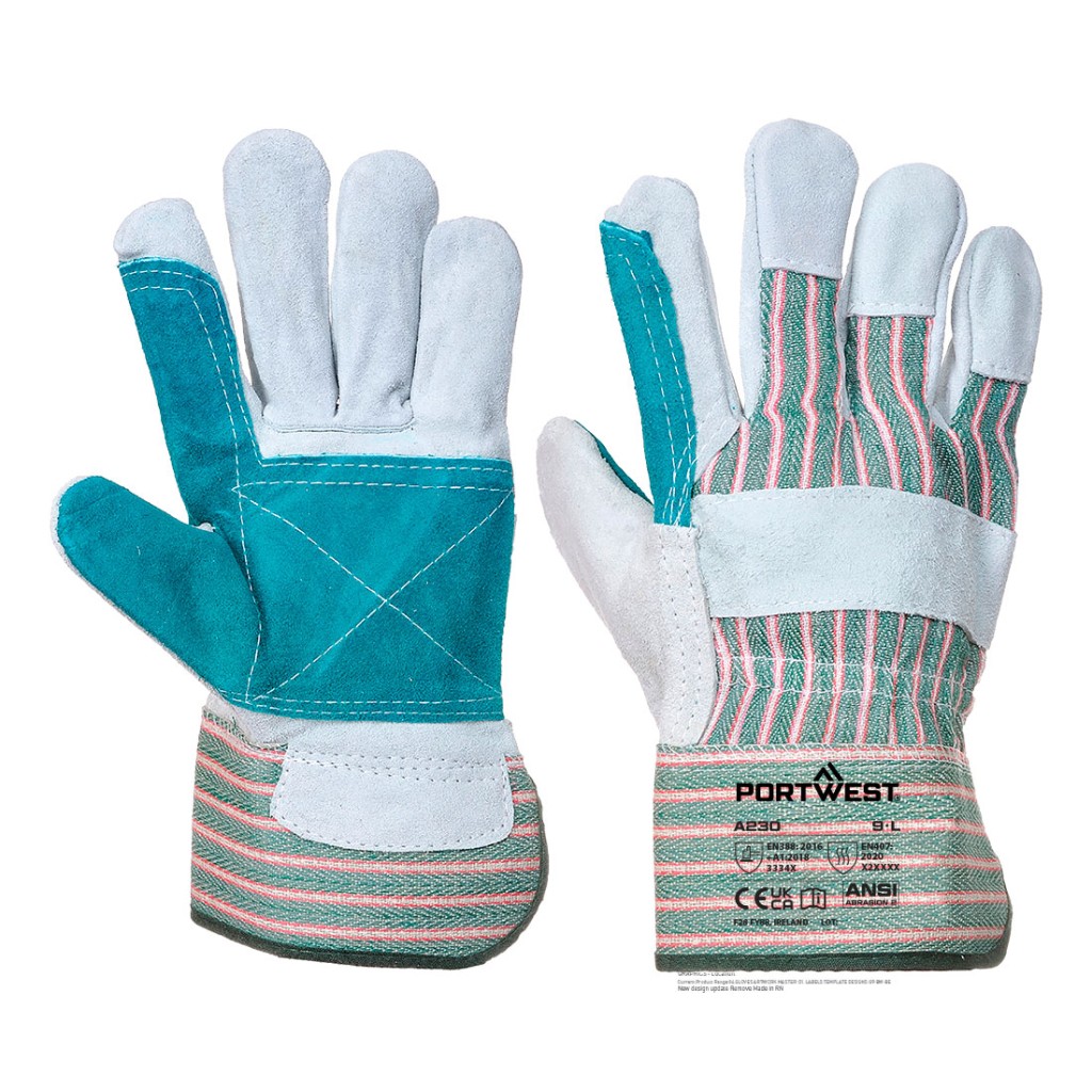 A pair of grey leather work gloves with a reinforced palm and adjustable wrist strap, offering durable hand protection.