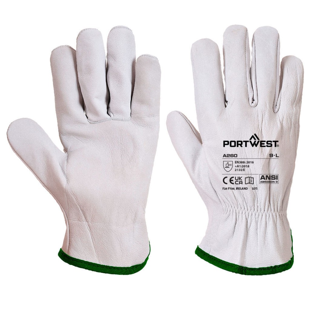 A pair of grey leather work gloves with a reinforced palm and adjustable wrist strap, offering durable hand protection.