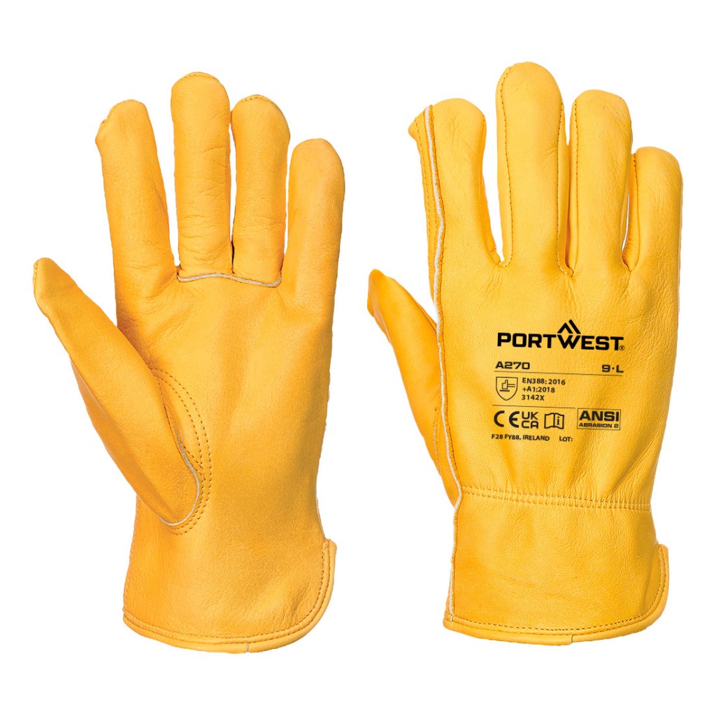 A pair of tan leather work gloves with a reinforced palm and adjustable wrist strap, offering durable hand protection.