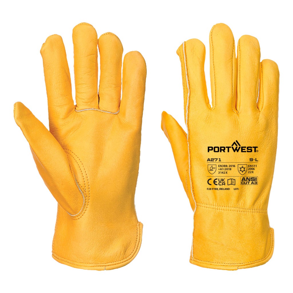 A pair of tan work gloves with a textured grip palm and adjustable wrist closure, designed for general site use.