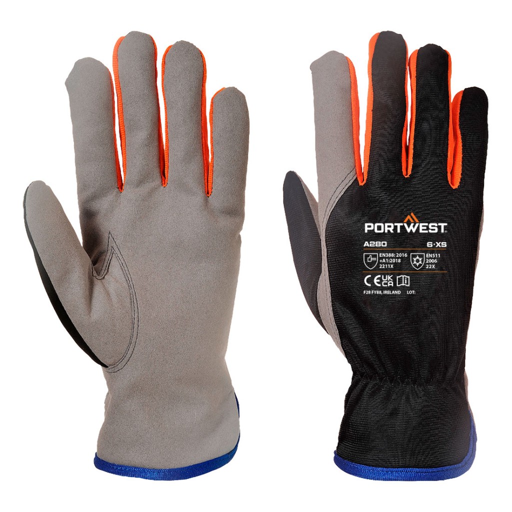 A pair of black leather work gloves with a reinforced palm and adjustable wrist strap, offering durable hand protection.