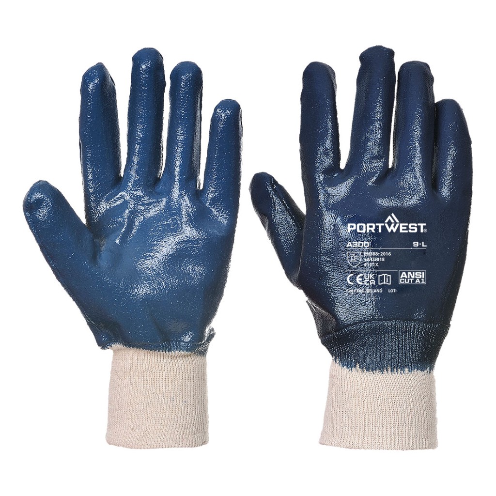 A pair of navy blue disposable nitrile gloves with a textured fingertip for grip, offering protection against chemicals and contaminants.
