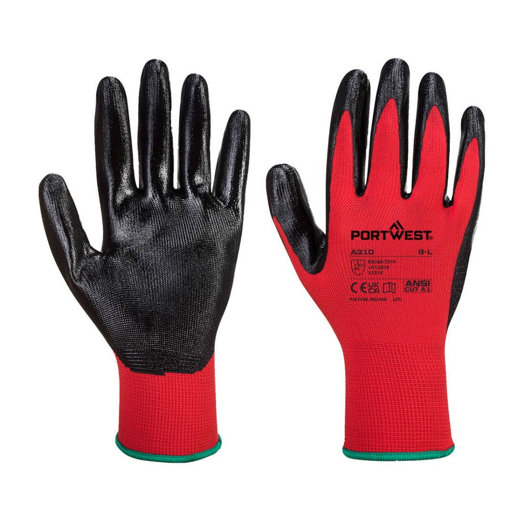 A pair of red disposable nitrile gloves with a textured fingertip for grip, offering protection against chemicals and contaminants.