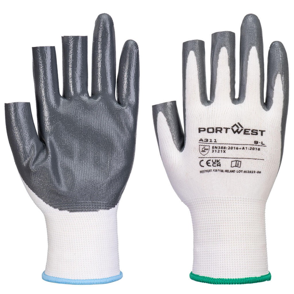 A pair of white disposable nitrile gloves with a textured fingertip for grip, offering protection against chemicals and contaminants.
