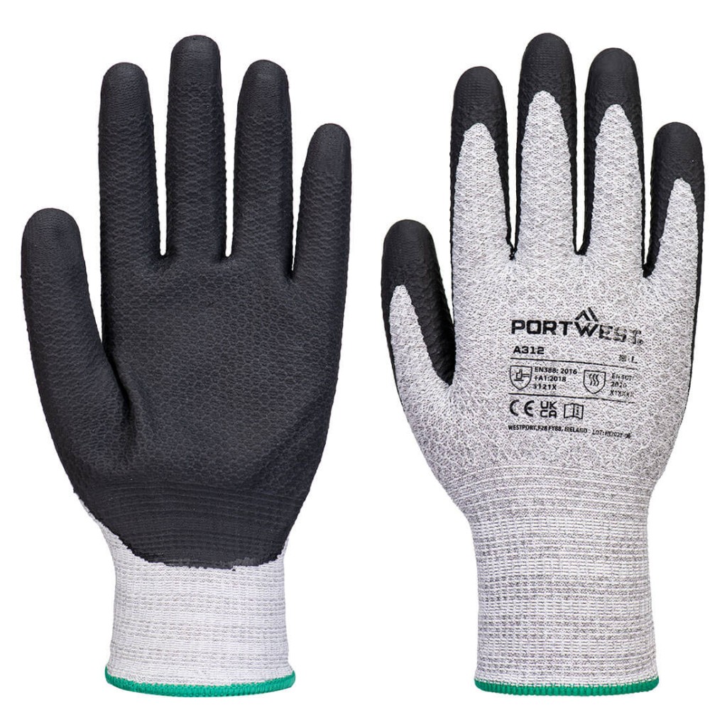 A pair of grey disposable nitrile gloves with a textured fingertip for grip, offering protection against chemicals and contaminants.