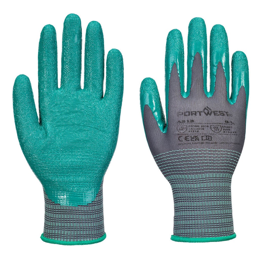 A pair of grey disposable nitrile gloves with a textured fingertip for grip, offering protection against chemicals and contaminants.