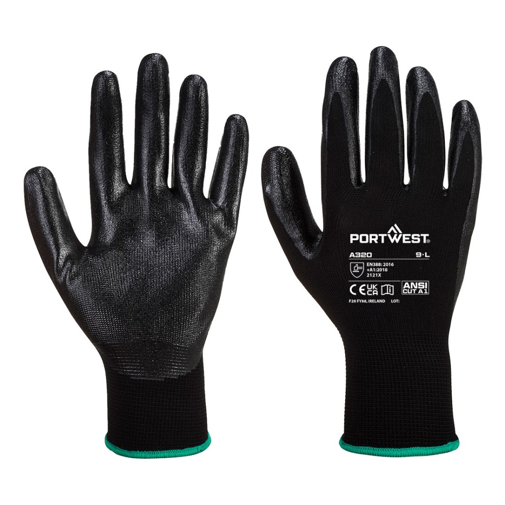 A pair of black disposable nitrile gloves with a textured fingertip for grip, offering protection against chemicals and contaminants.