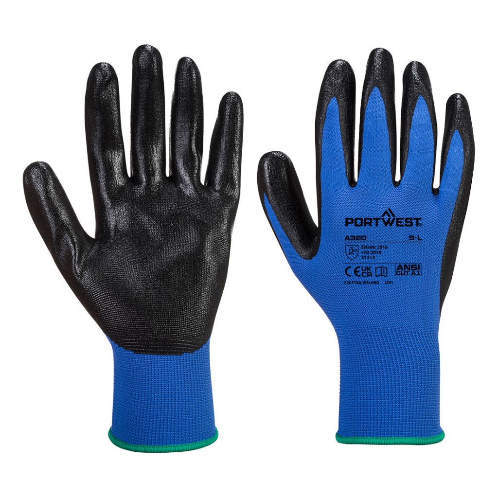 A pair of blue disposable nitrile gloves with a textured fingertip for grip, offering protection against chemicals and contaminants.