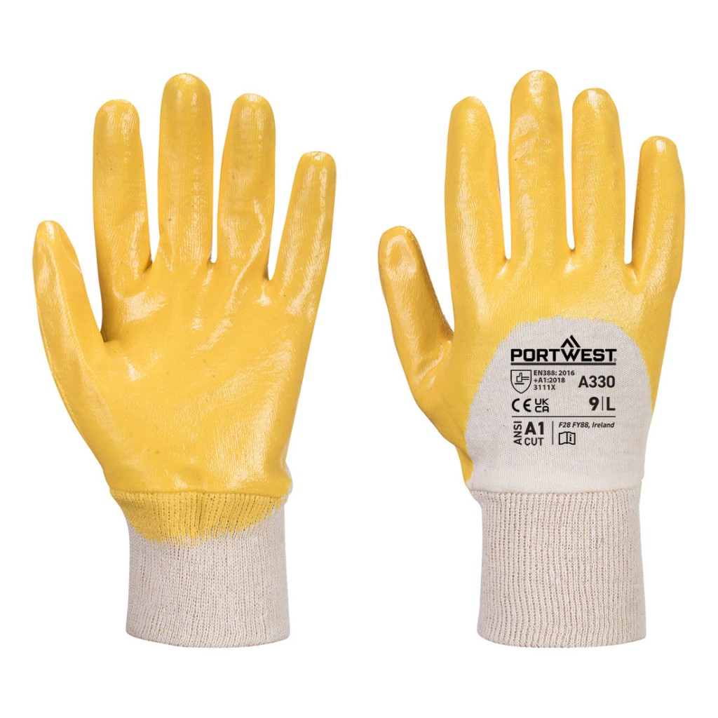 A pair of yellow disposable nitrile gloves with a textured fingertip for grip, offering protection against chemicals and contaminants.